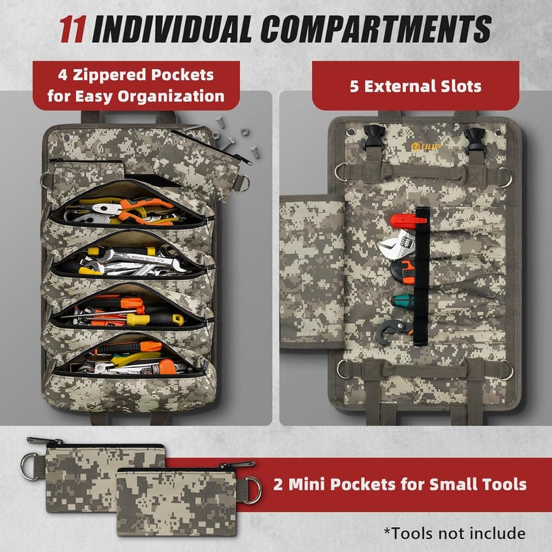 UUP Tool Bag Roll Up, Heavy Duty Rolled Empty Tool Storage Organizing, Portable Tool Roll Container with 2 Detachable Pockets, Folding Tool Holder, Father Day Dad Men Electrician Gift, Camouflage - Image 3